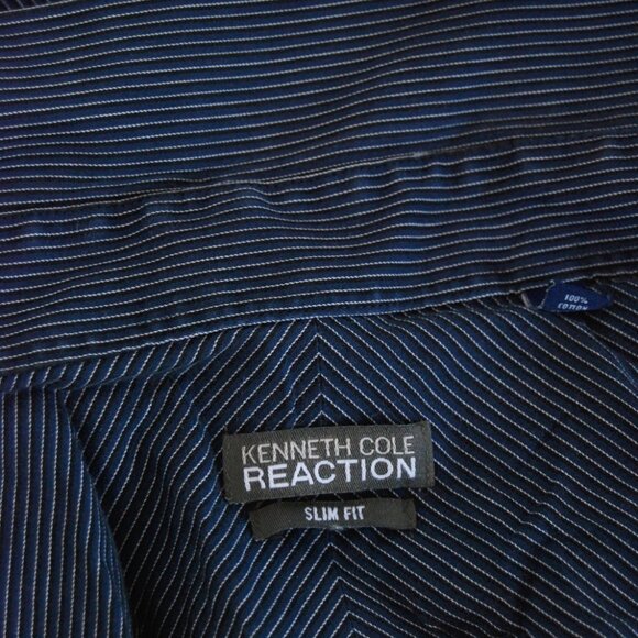 Y2K Striped Button Up (L) blue large vintage navy slim fit business casual fall - Picture 8 of 8
